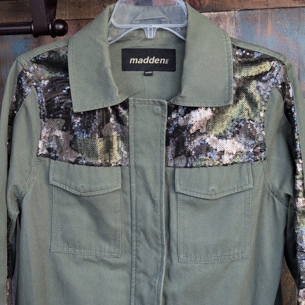 Madden NYC Twill Military Utility Jacket Olive Green Camo Sequins - Women's M - Picture 2 of 8